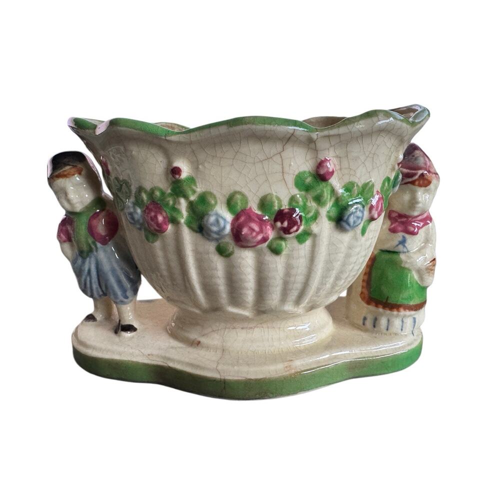 Vintage Made In Japan Boy & Girl Storybook Ceramic Planter Mid-Century Kitschy